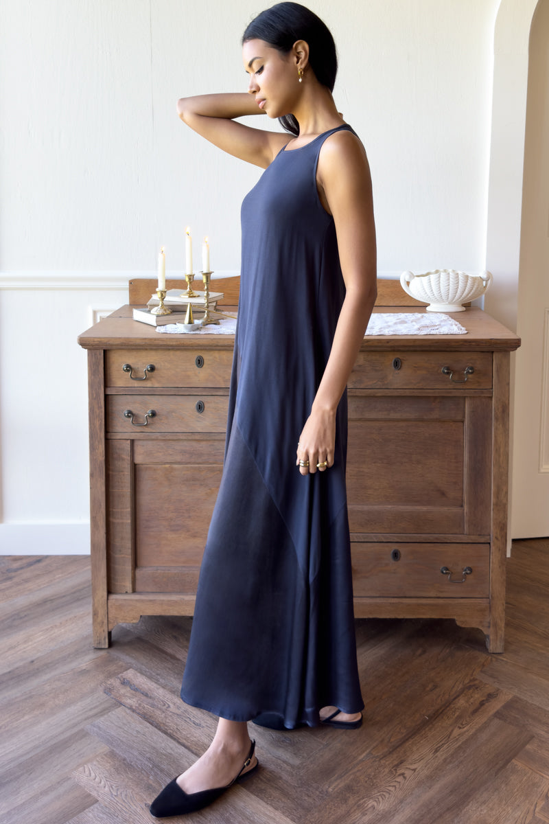 Asymmetrical Maxi Dress - Noir Satin Combo