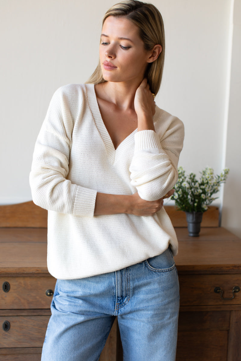 Carolyn V Neck Sweater - Ivory Organic