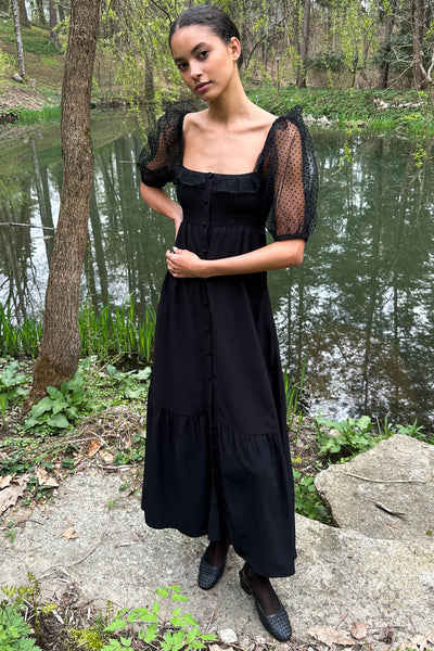Shirred Bodice Maxi Dress - Black Dots XS