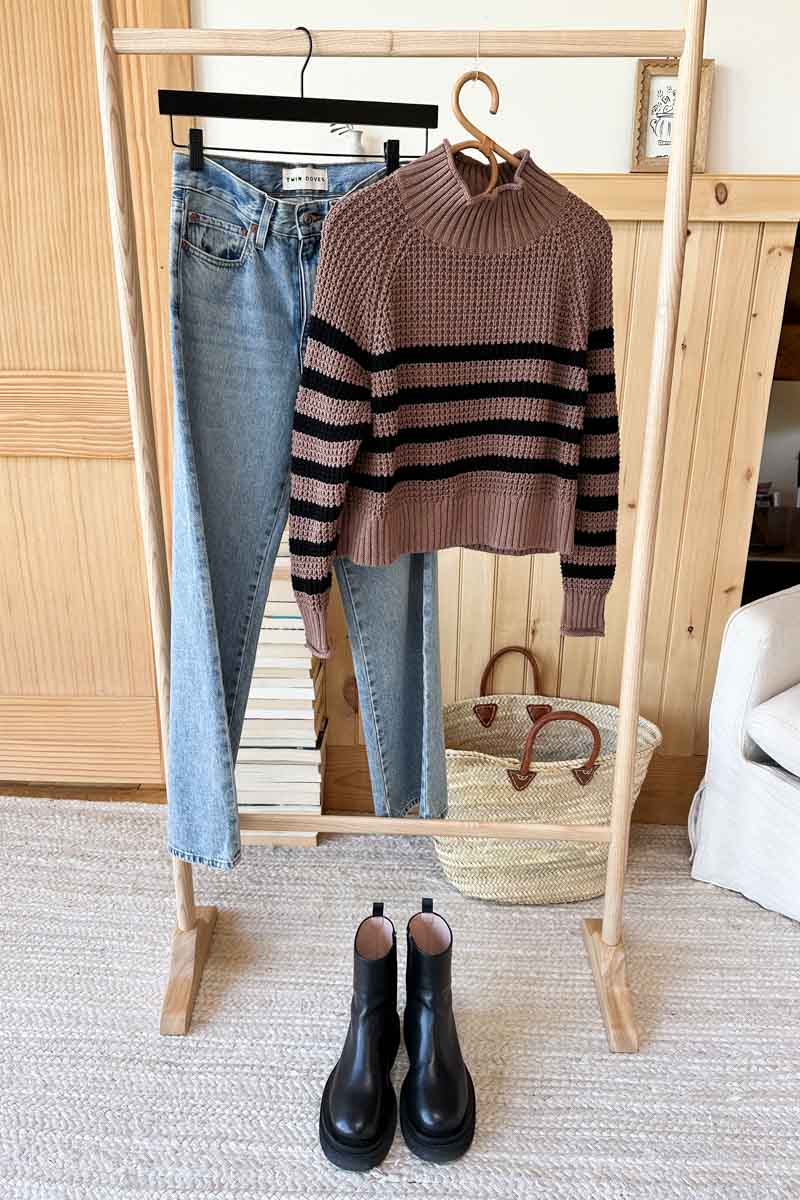 Boxy Funnel Neck Sweater - Cocoa + Black Stripe Organic