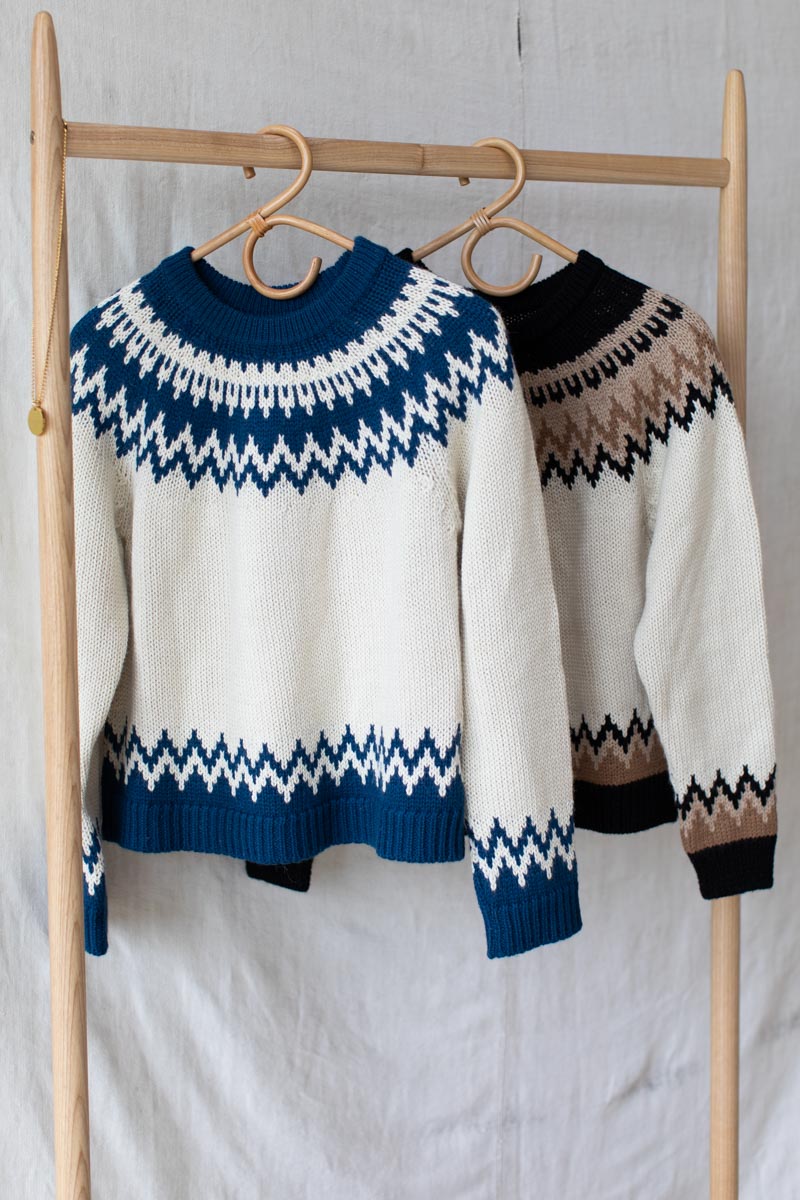 Fair Isle Crewneck - Ivory + Cobalt Blue Alpaca
