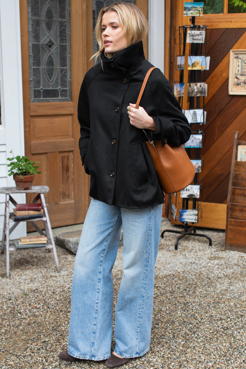 Funnel Neck Coat - Black Wool