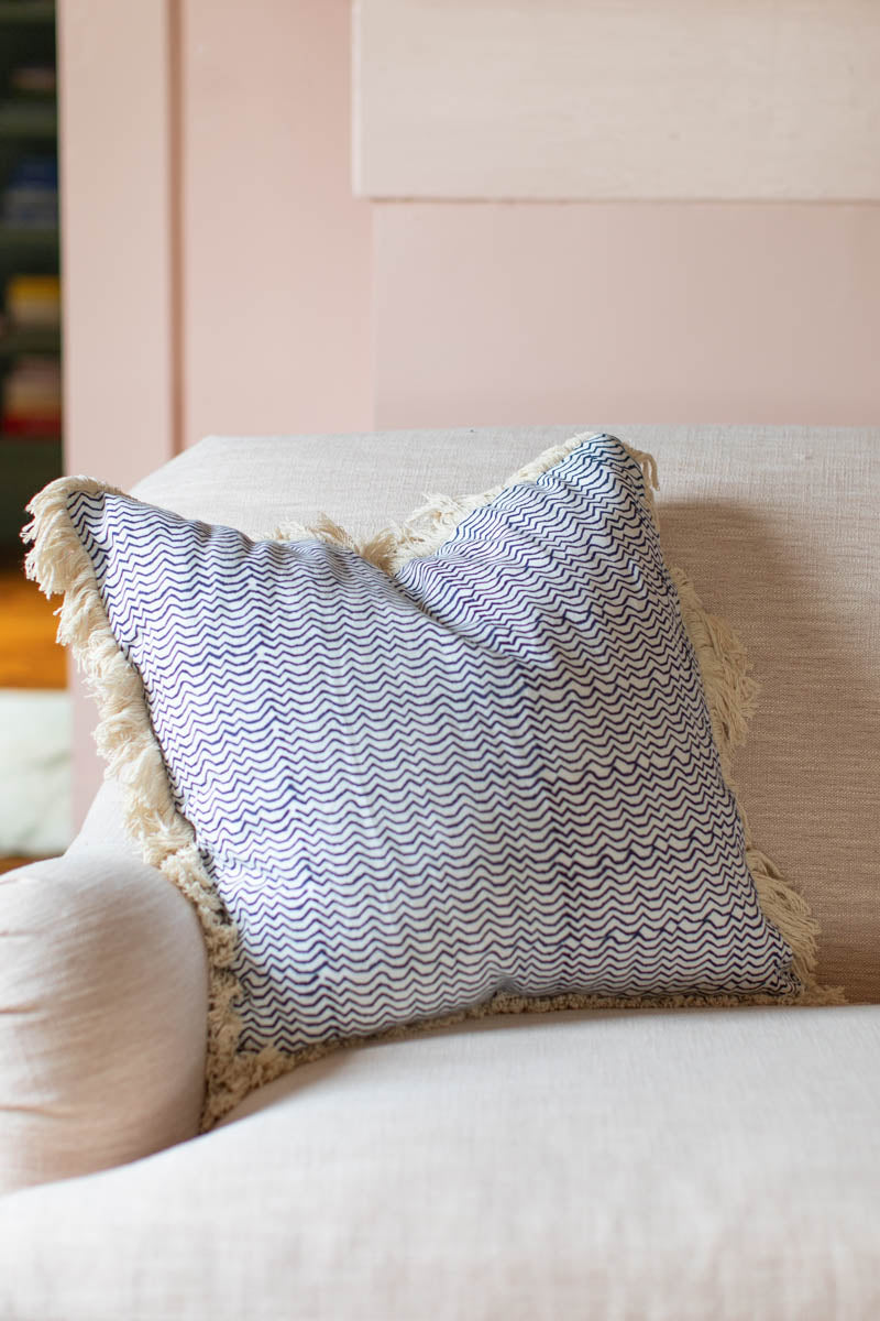 Handblock Pillow Cover - Waves Indigo Linen