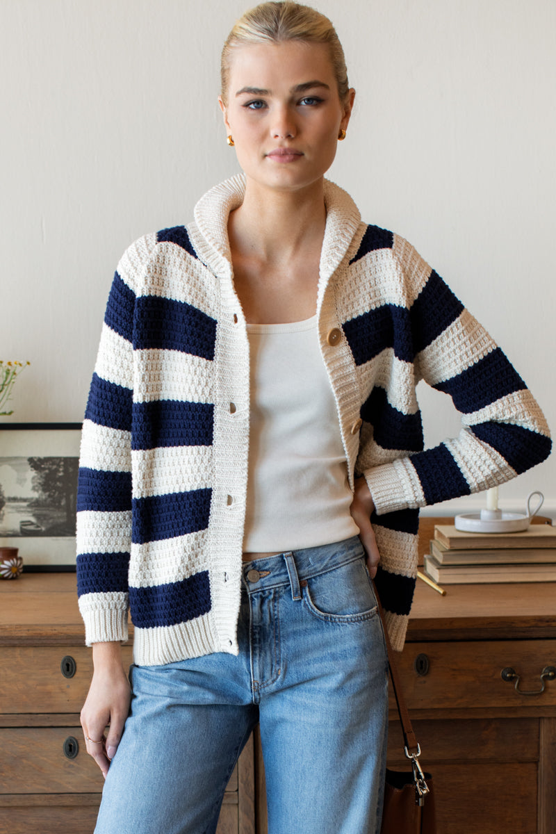 Playa Stripe Cardigan - Ivory + Navy Tanguis Cotton