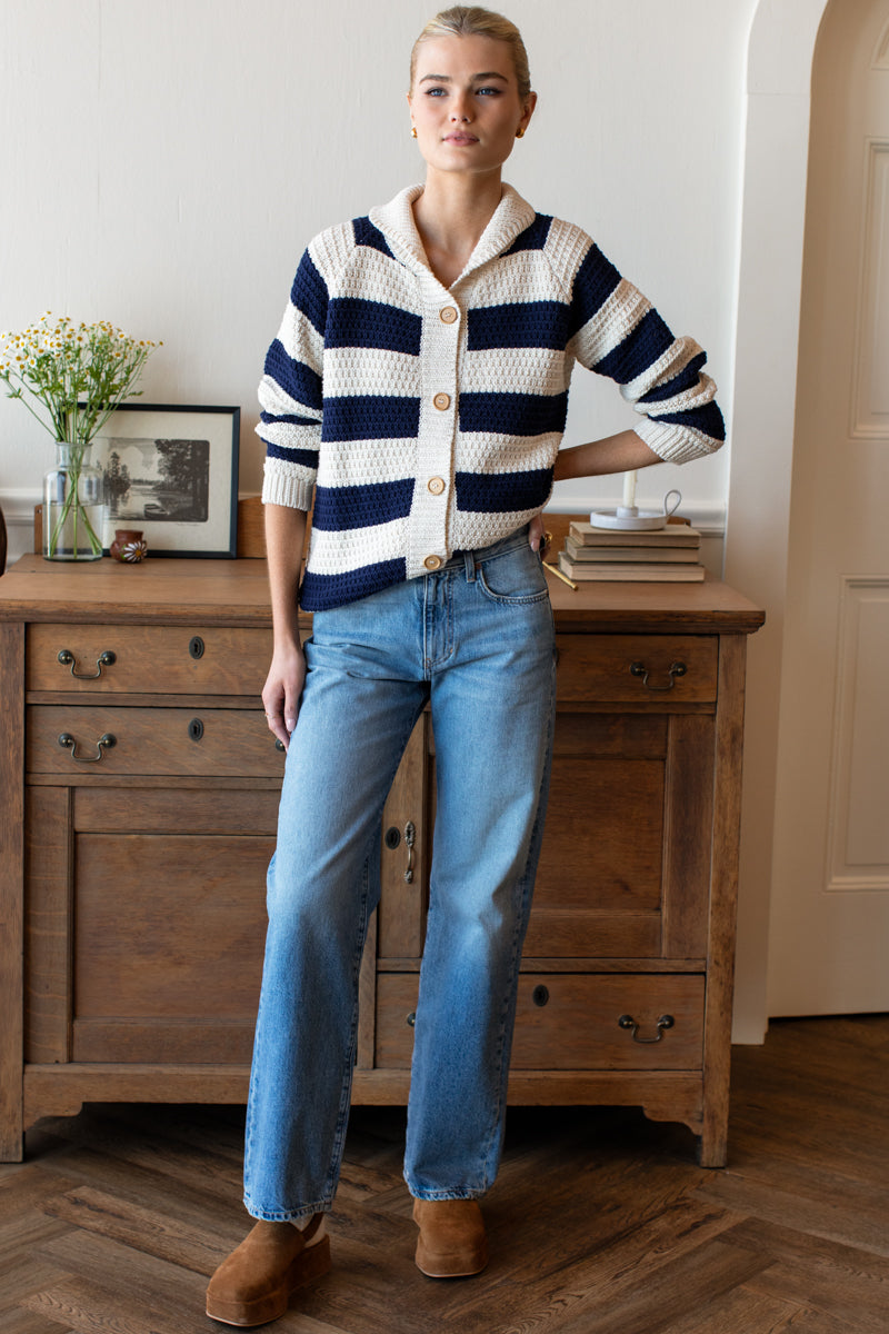 Playa Stripe Cardigan - Ivory + Navy Tanguis Cotton