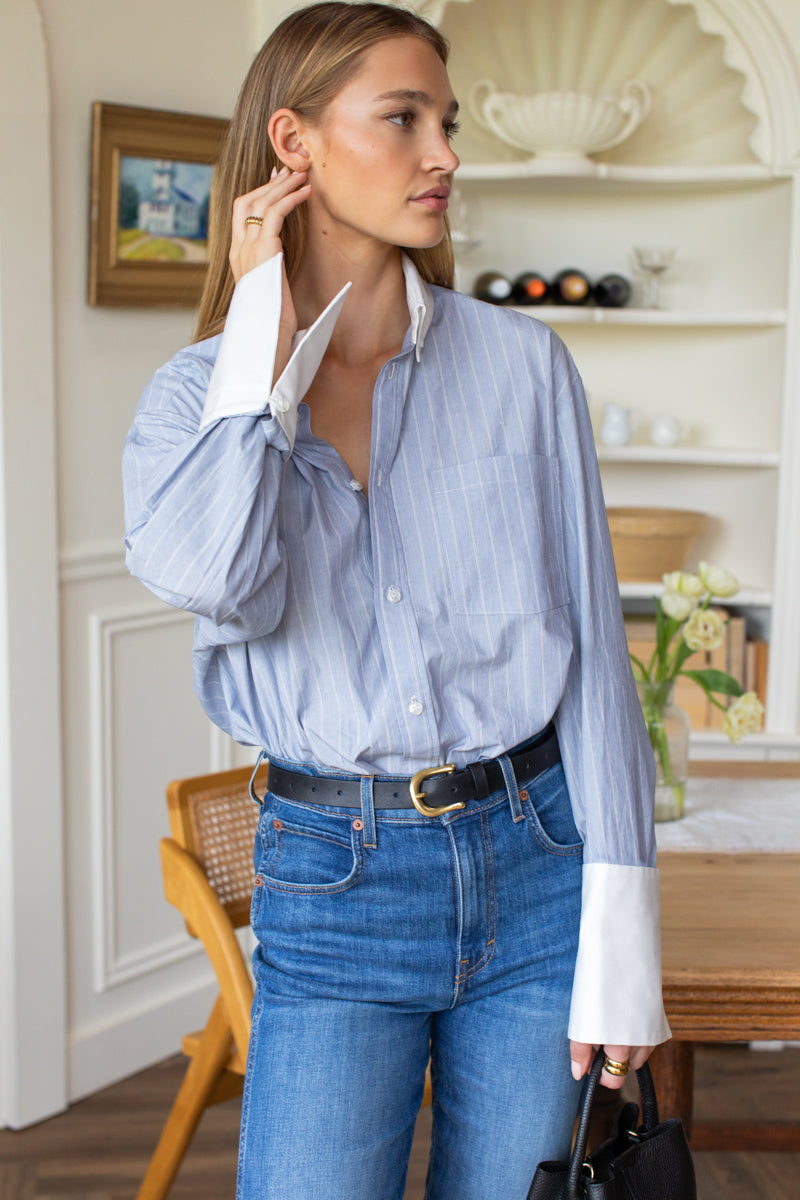 Pleated Wide Cuff Shirt - Sky Loom Stripe Organic