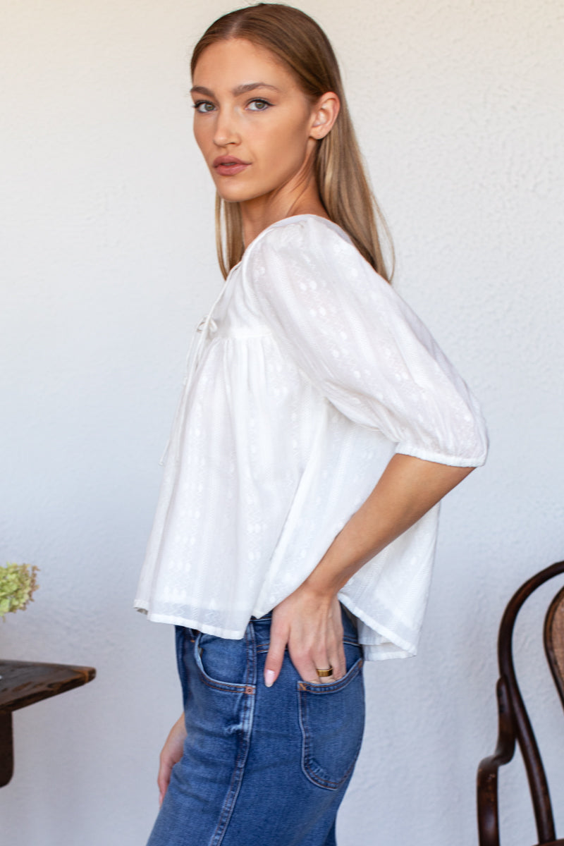 Puff Isla Top - White Cotton Dobby Jacquard