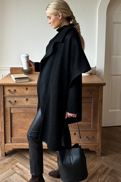 Scarf Coat - Black Wool - Emerson Fry