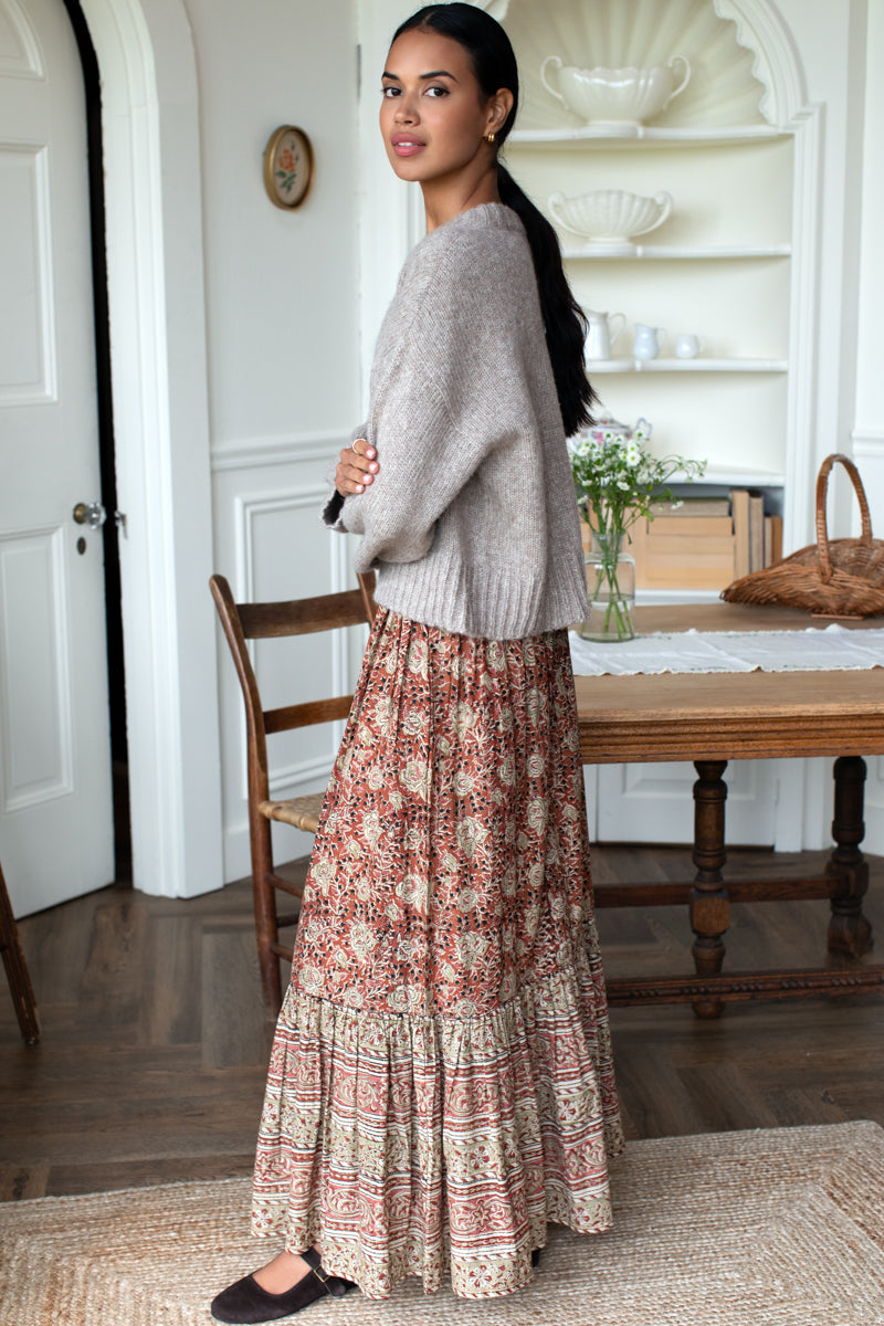 Shirred Skirt - Vintage Floral Stripe Terracotta Organic