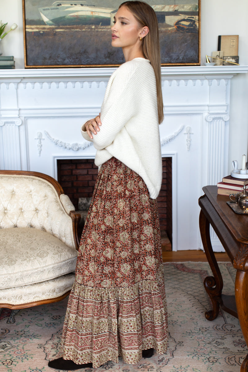Shirred Skirt - Vintage Floral Stripe Terracotta Organic