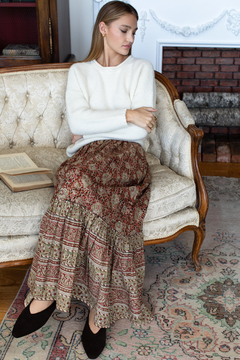 Shirred Skirt - Vintage Floral Stripe Terracotta Organic