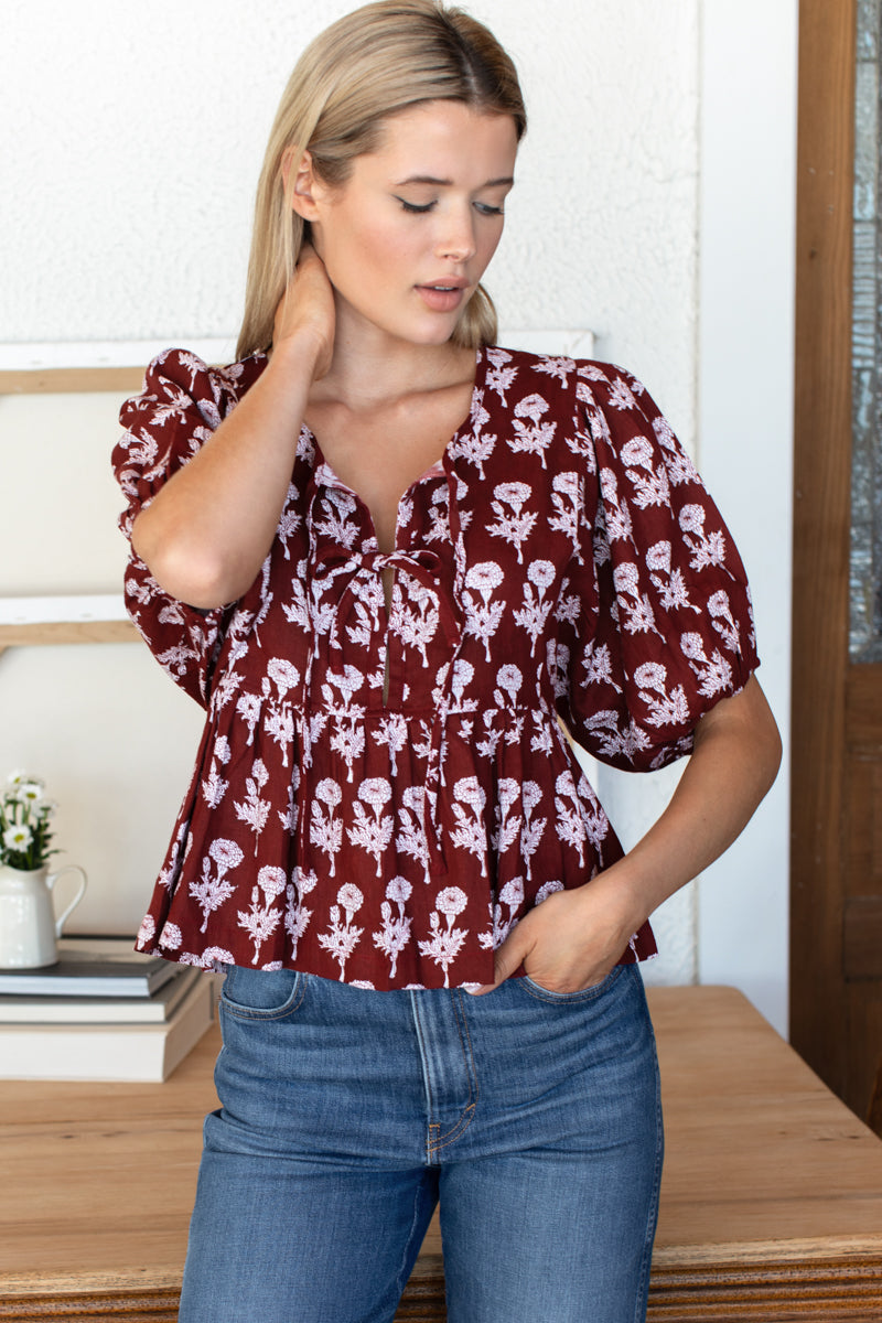 Bastian Top - Pressed Marigolds Rouge Linen