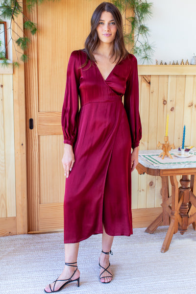 red bishop sleeve dress Wine Red Bishop Sleeve Polka Dot Midi Dress