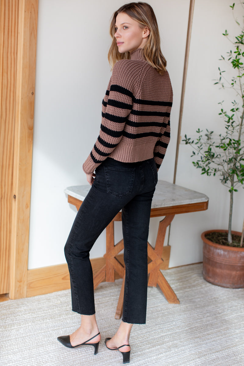 Boxy Funnel Neck Sweater - Cocoa + Black Stripe Organic