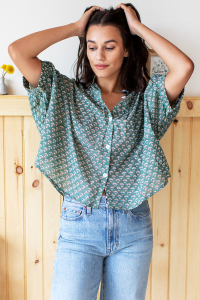 Mandarin Collar Top - Day Flowers Juniper Organic