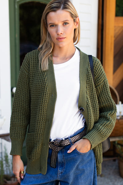 Cozy Cotton Cardigan - Olive Tanguis Cotton - Emerson Fry