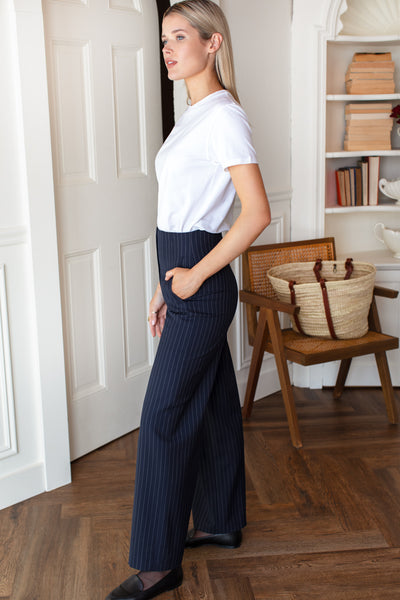 Darted Wide Leg Trouser - Navy Pinstripe - Emerson Fry