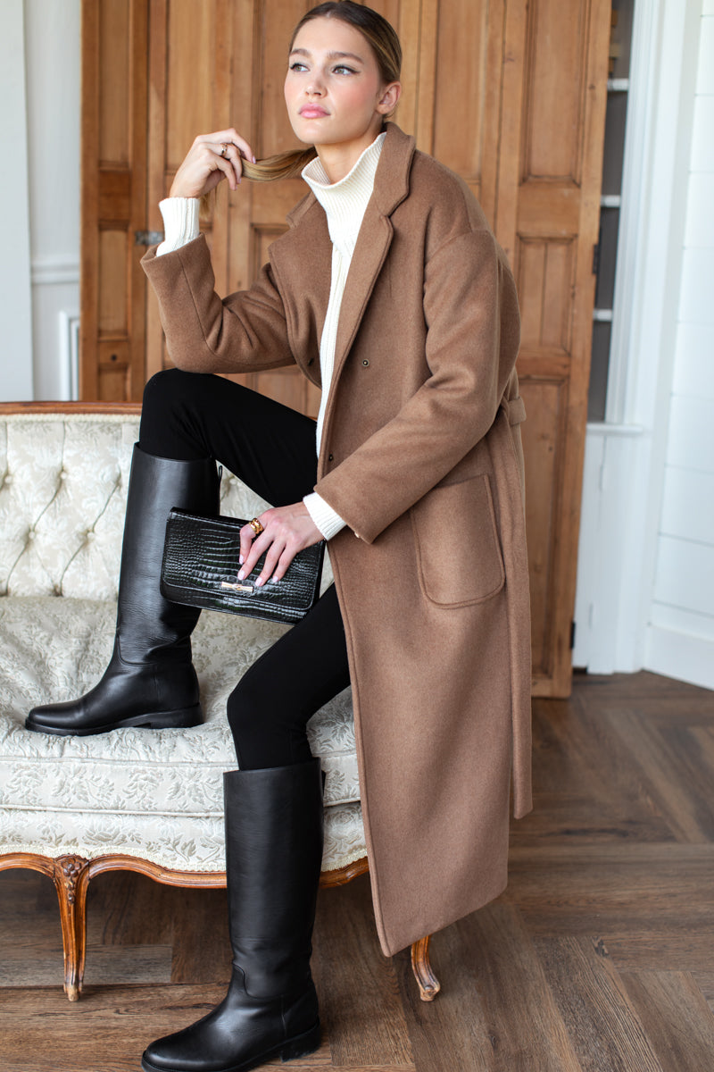 Drop Shoulder Long Coat - Saddle Brown