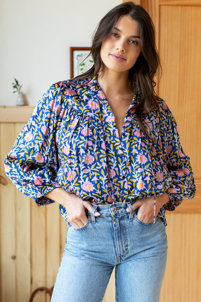 Emmaline Blouse - Blue Chrysanthemum Satin - Emerson Fry