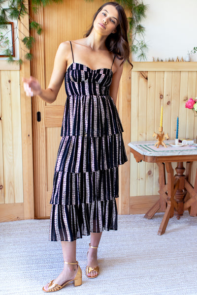 Fitted Bodice Ruffle Dress - Black Lurex - Emerson Fry