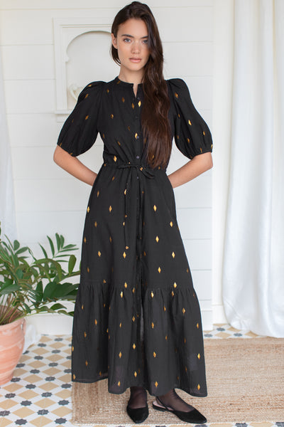 Lucy Dress - Gold Leaf Lurex Black - Emerson Fry