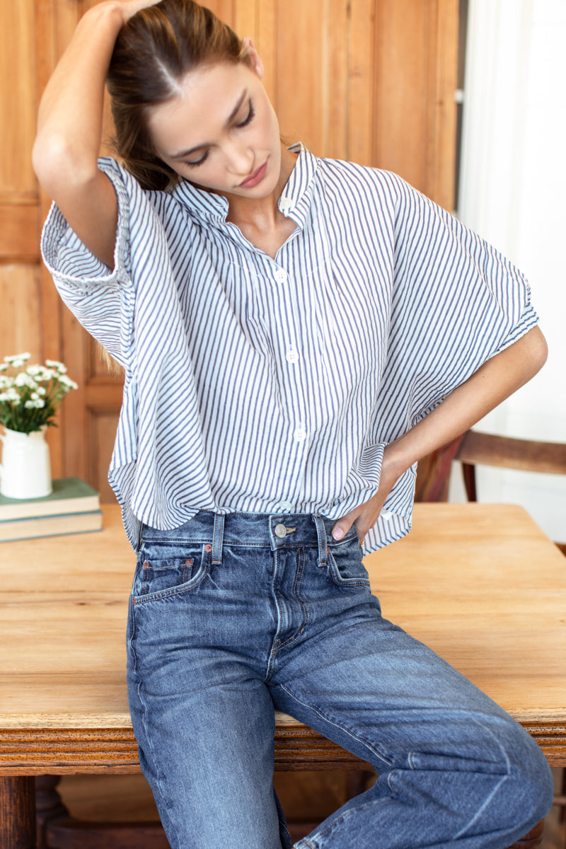 Mandarin Collar Top - Indigo Stripe Organic