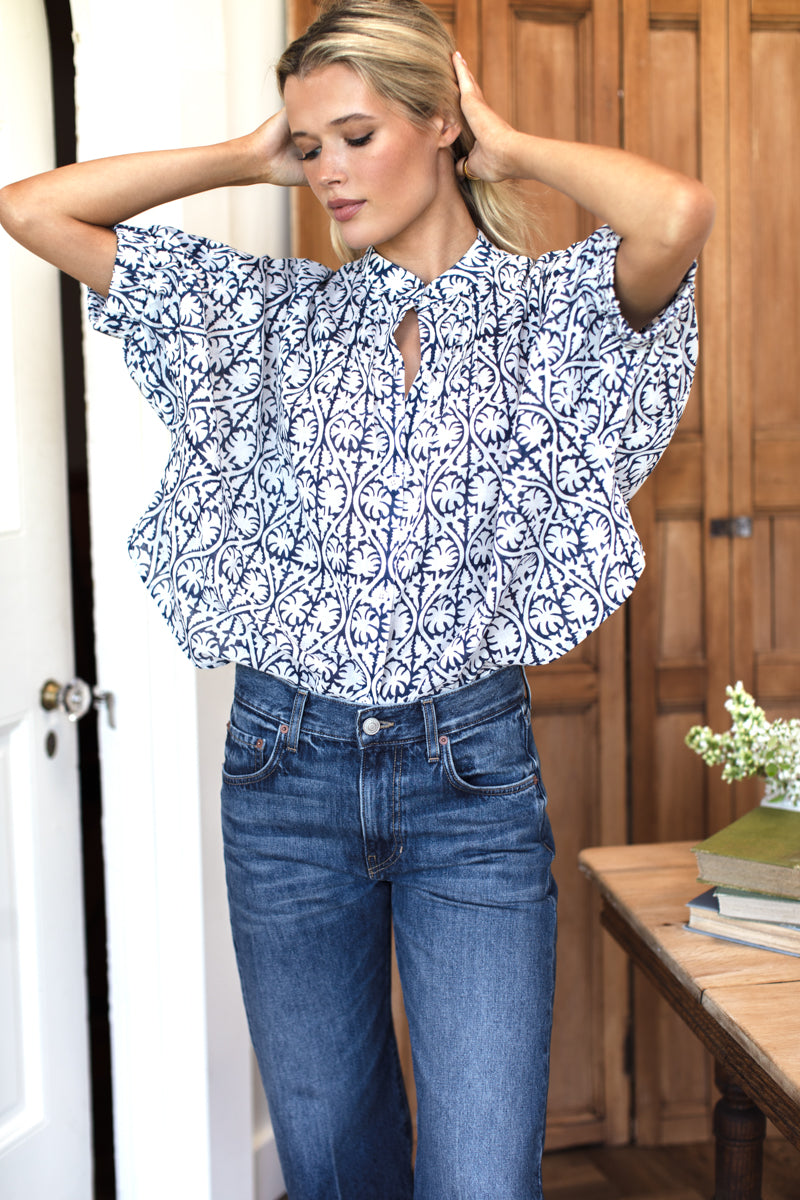 Mandarin Collar Top - Etoile Vine Indigo Organic