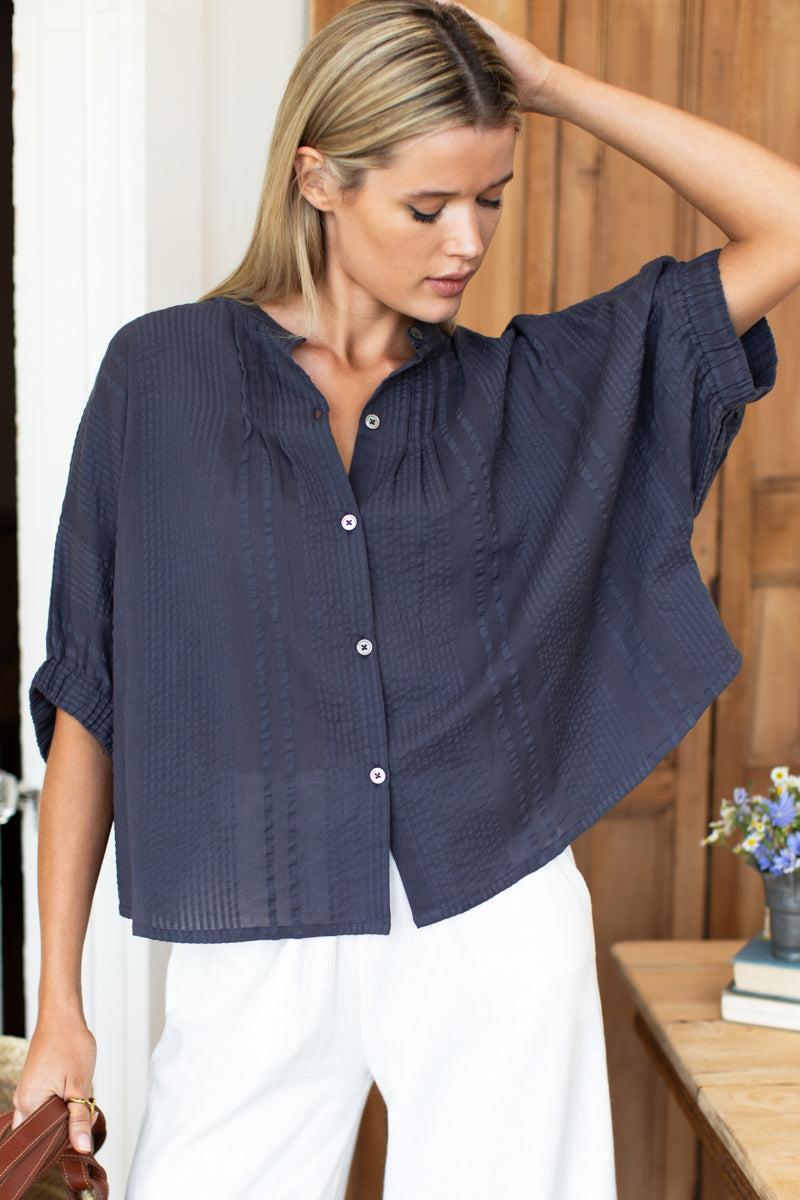Mandarin Collar Top - Midnight Seersucker
