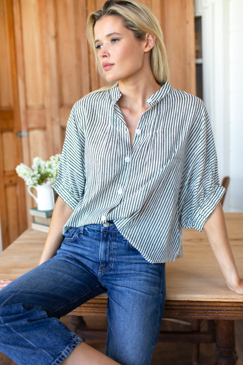 Mandarin Collar Top - Moss Stripe Organic