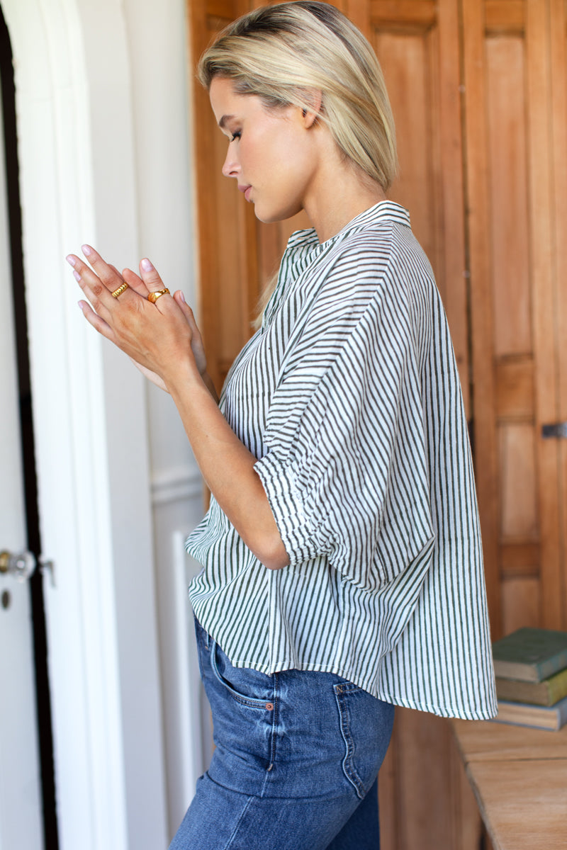 Mandarin Collar Top - Moss Stripe Organic