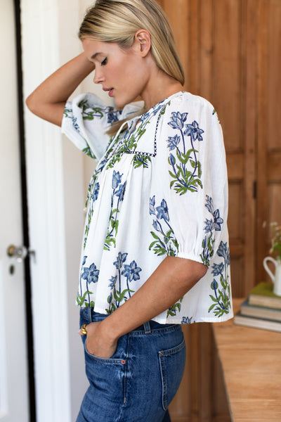 Puff Isla Top - Blue Clematis Flowers + Midnight Embroidery