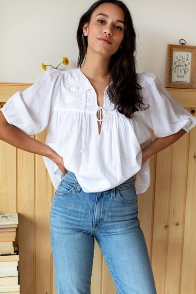 Embroidered Puff Isla Top - Cloud White Organic - Emerson Fry