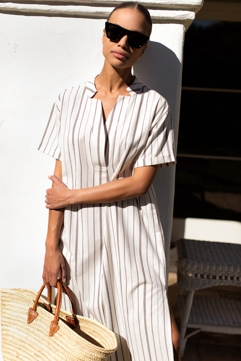 Rolled Sleeve V Caftan - Seville Stripe Walnut