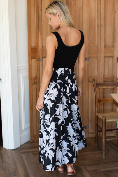 Smocked Maxi Skirt - Black + Ivory Orchid Organic - Emerson Fry