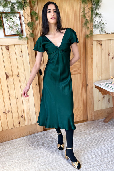 Knot Front Dress - Botanical Green Satin - Emerson Fry Knot Front Dress - Botanical Green Satin - Emerson Fry