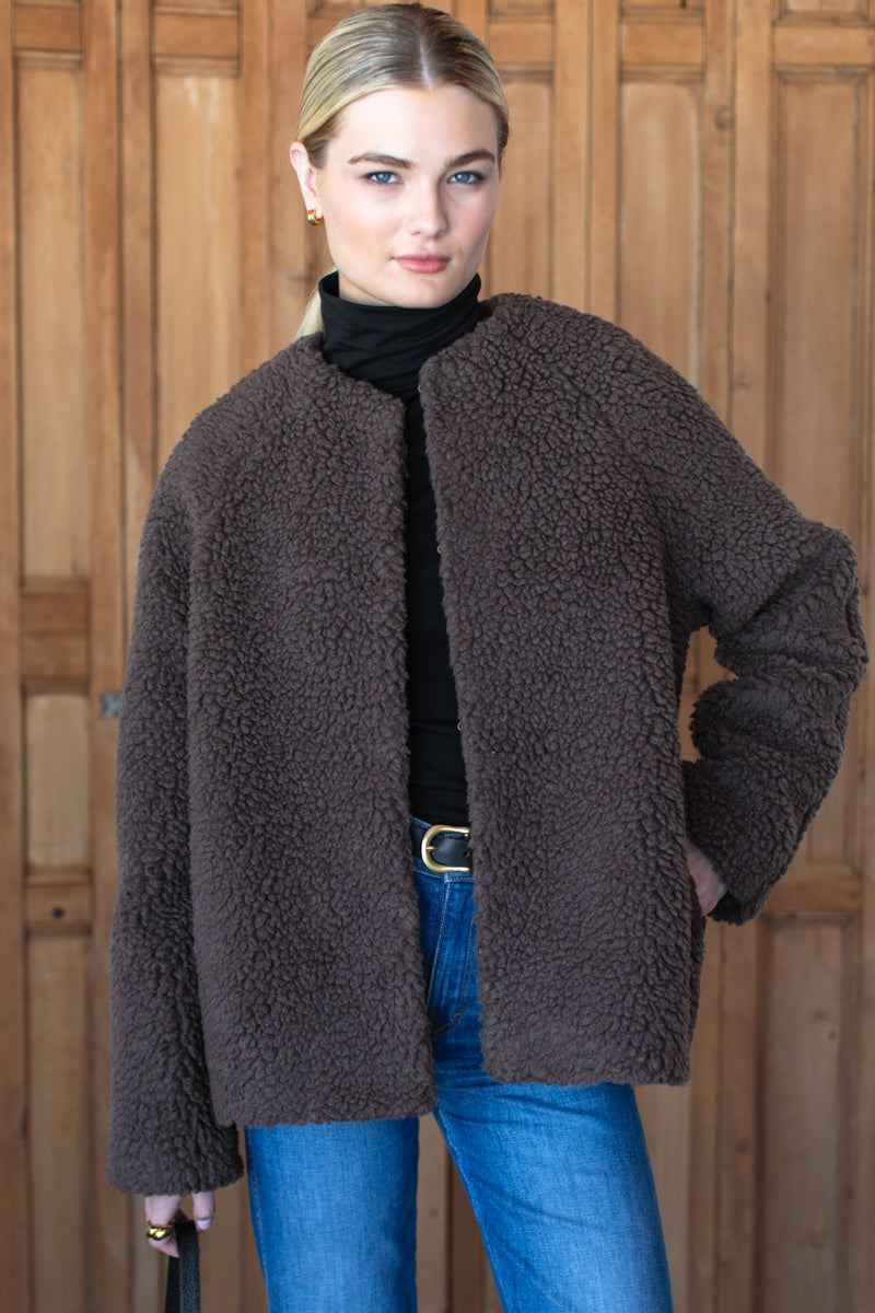 Emile Collarless Short Coat - Chocolate Boucle