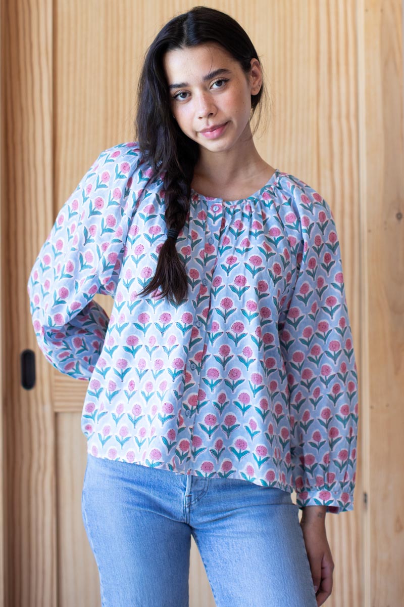Frances Blouse - Blue + Pink Organic