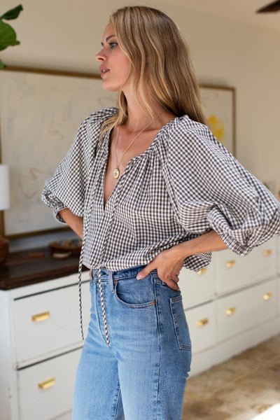 Rakel Keyhole Blouse - Gingham Coffee - Emerson Fry