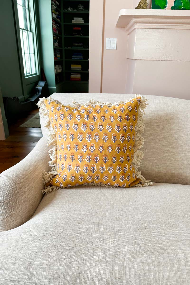 Handblock Pillow Cover - French Marigolds Saffron Linen