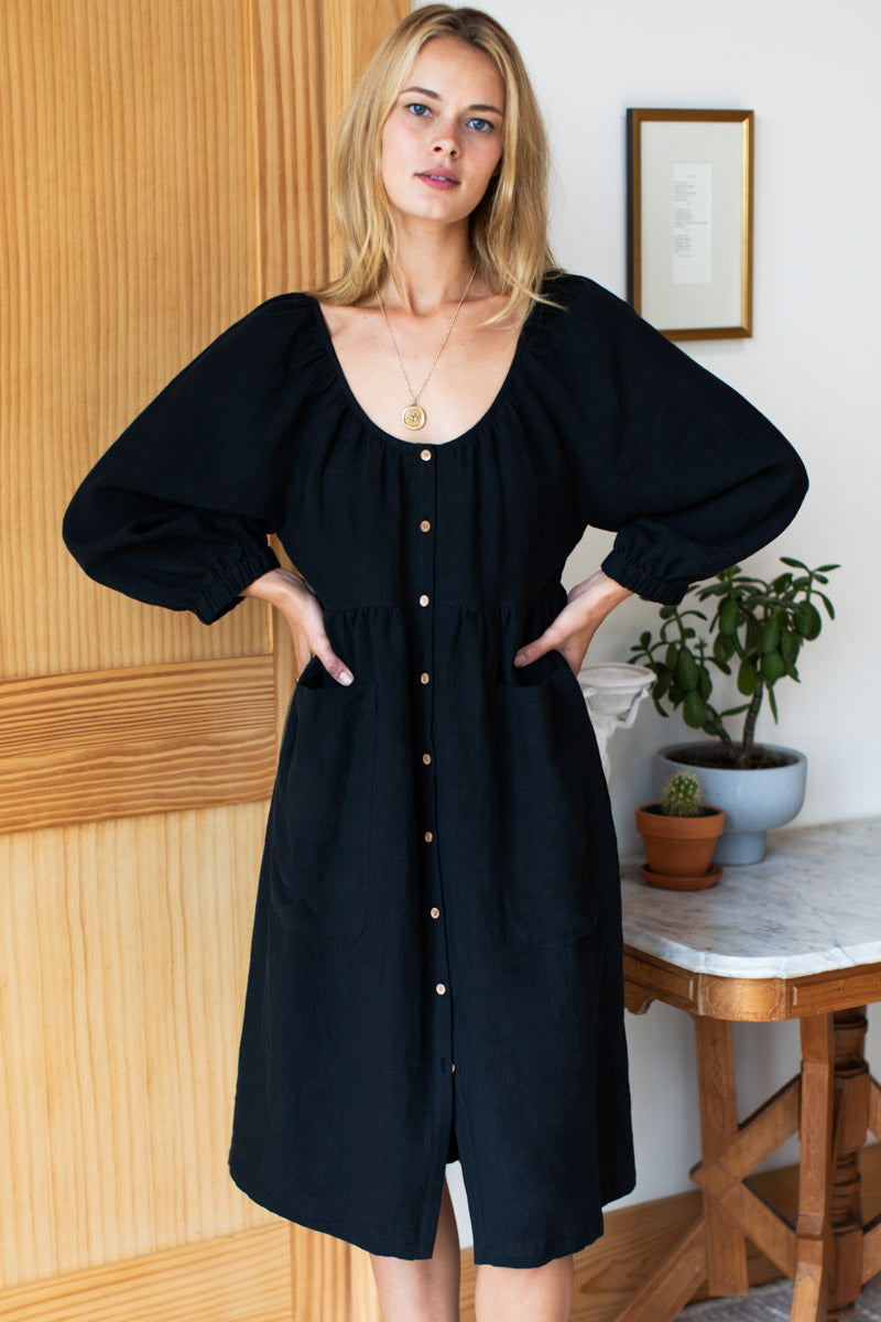 Jasmine Button Midi Dress - Black Linen