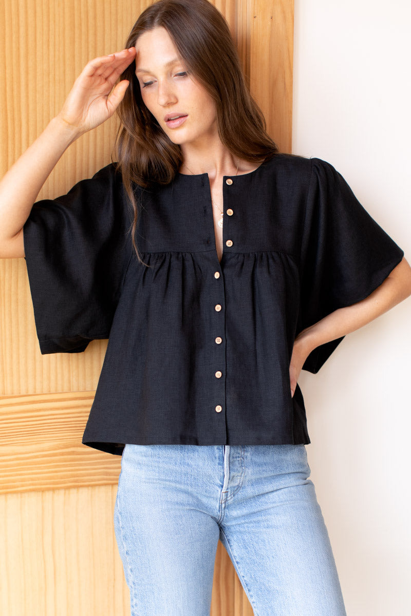 Marion Button Blouse - Black Linen