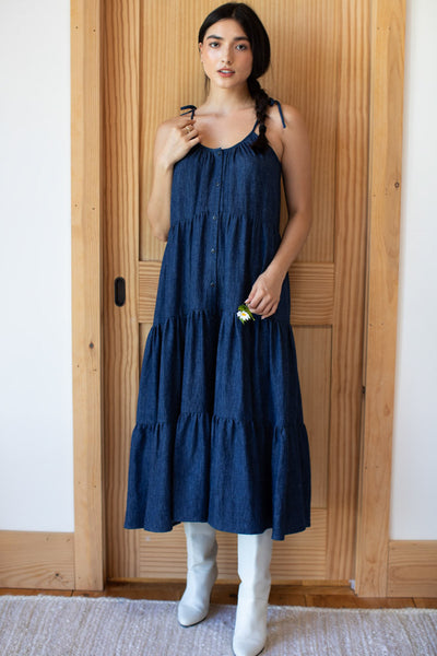ALBARAY Denim Ruffle Shoulder Dress in Indigo | endource