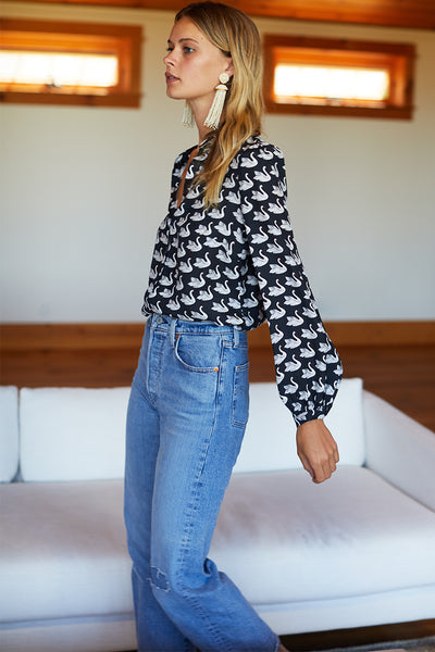 Frankie Blouse - Swans Black Silk - Emerson Fry