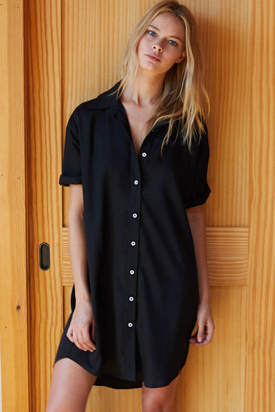 Short Sleeve Shirtdress - Black Tencel Short Sleeve Shirtdress - Black Tencel