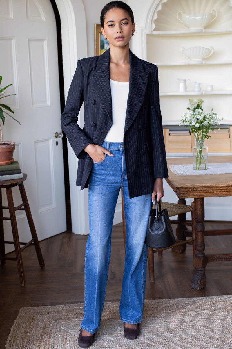 Strong Shoulder Blazer - Navy Pinstripe