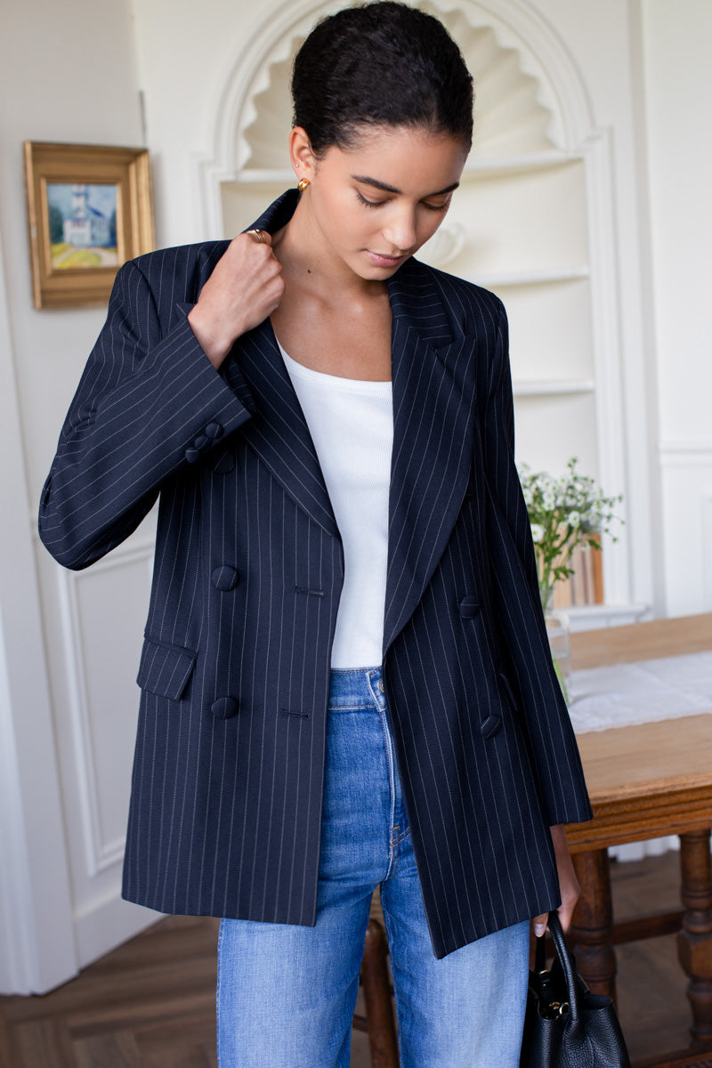 Strong Shoulder Blazer - Navy Pinstripe