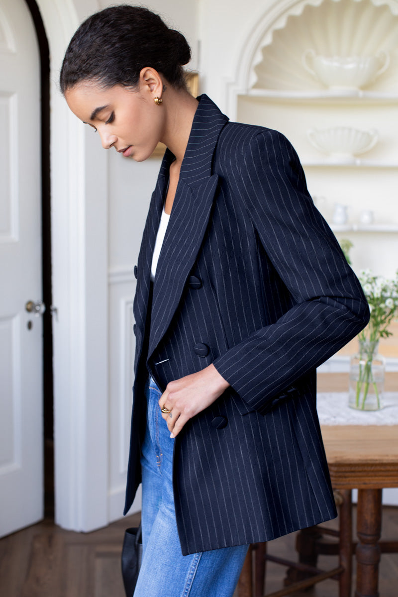 Strong Shoulder Blazer - Navy Pinstripe