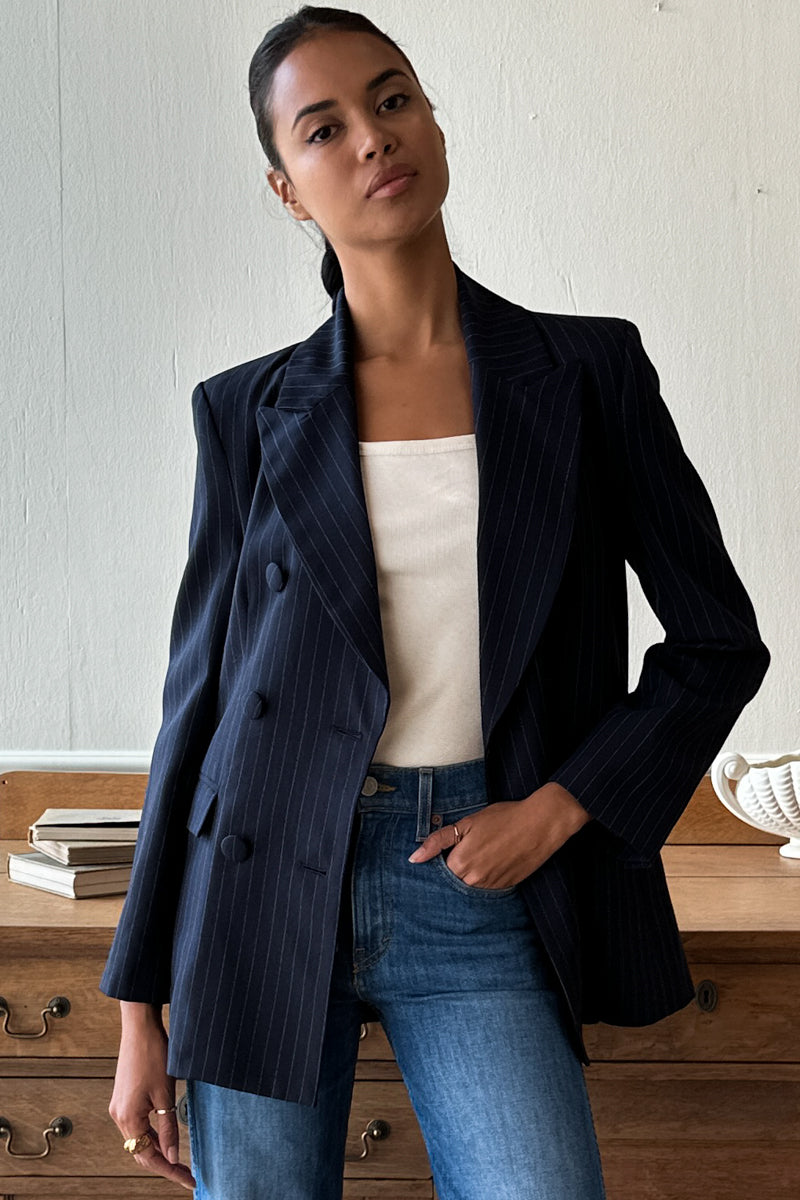 Strong Shoulder Blazer - Navy Pinstripe