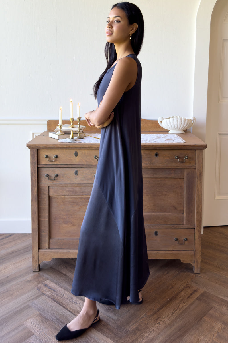 Asymmetrical Maxi Dress - Noir Satin Combo
