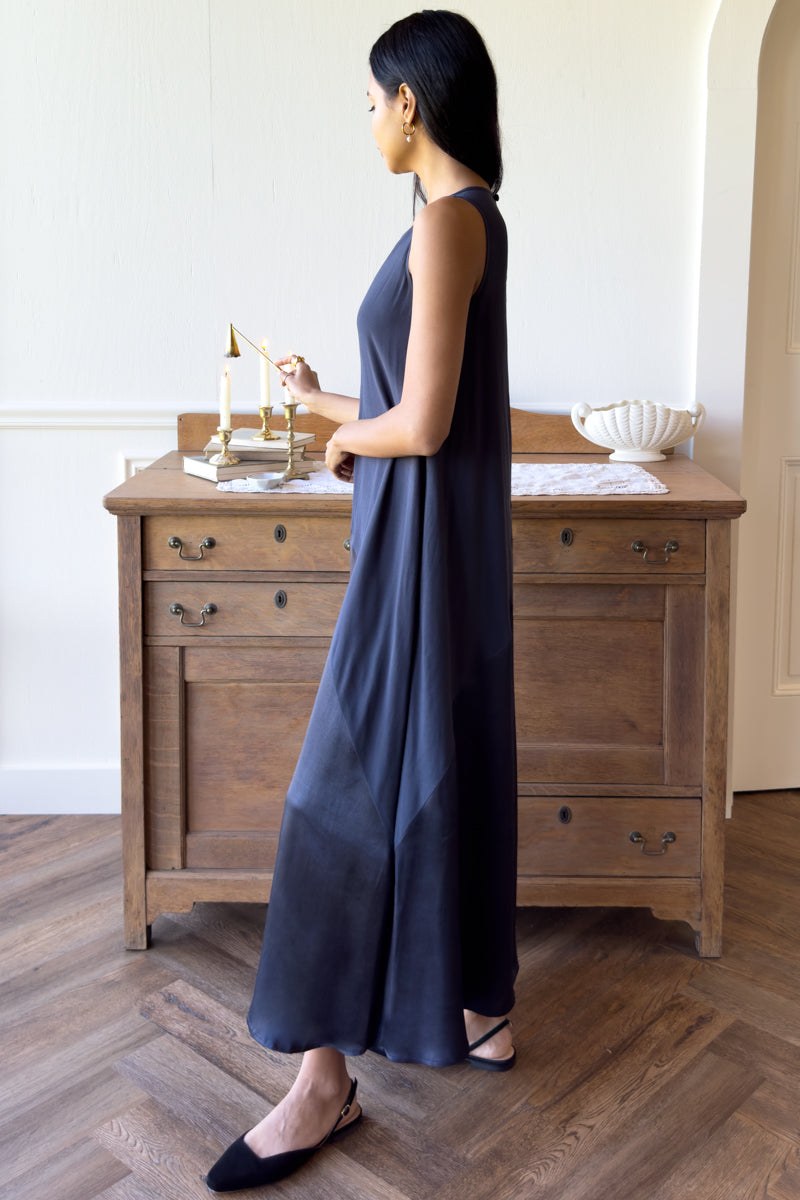 Asymmetrical Maxi Dress - Noir Satin Combo